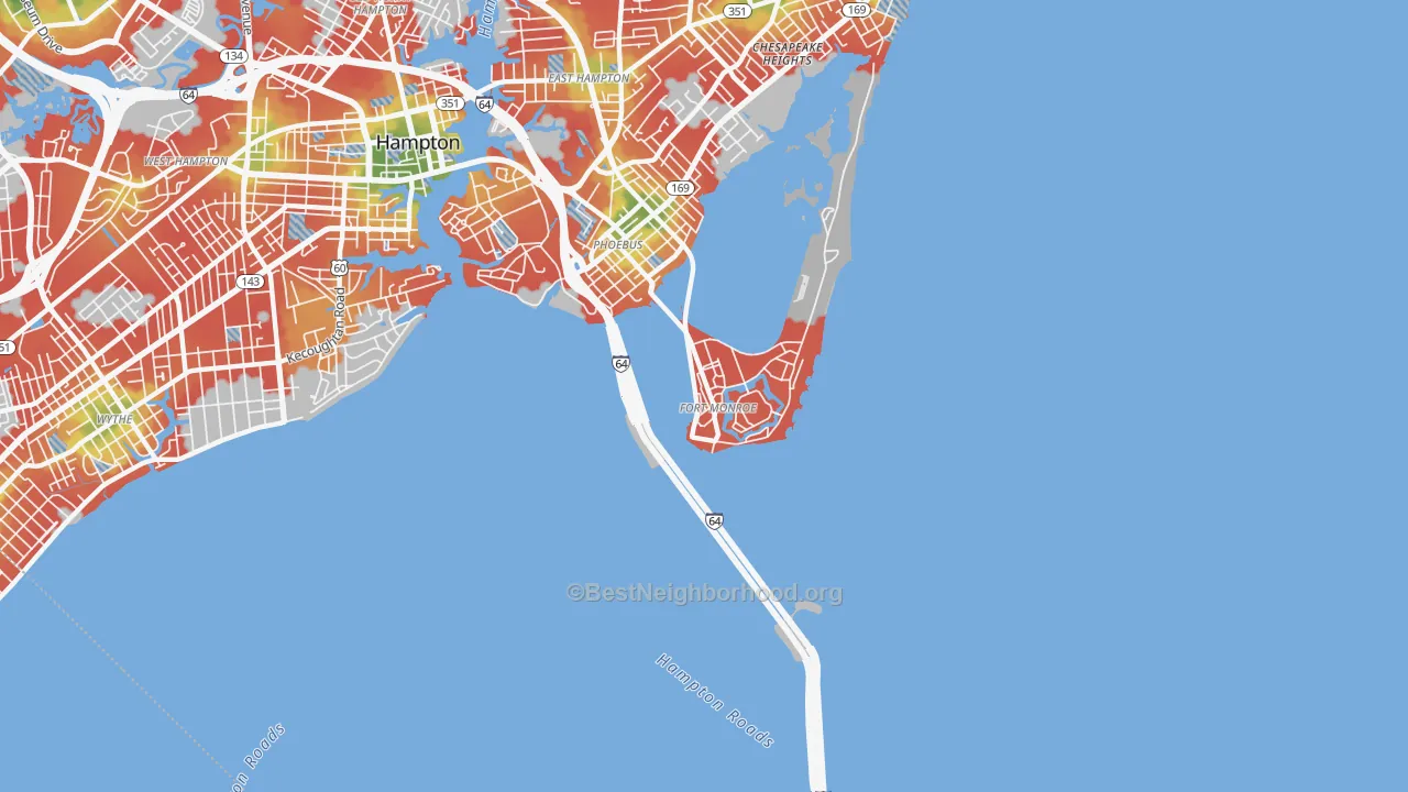 Walk Grade map of Fort Monroe, VA, walkable areas in green and car-dependent areas in red