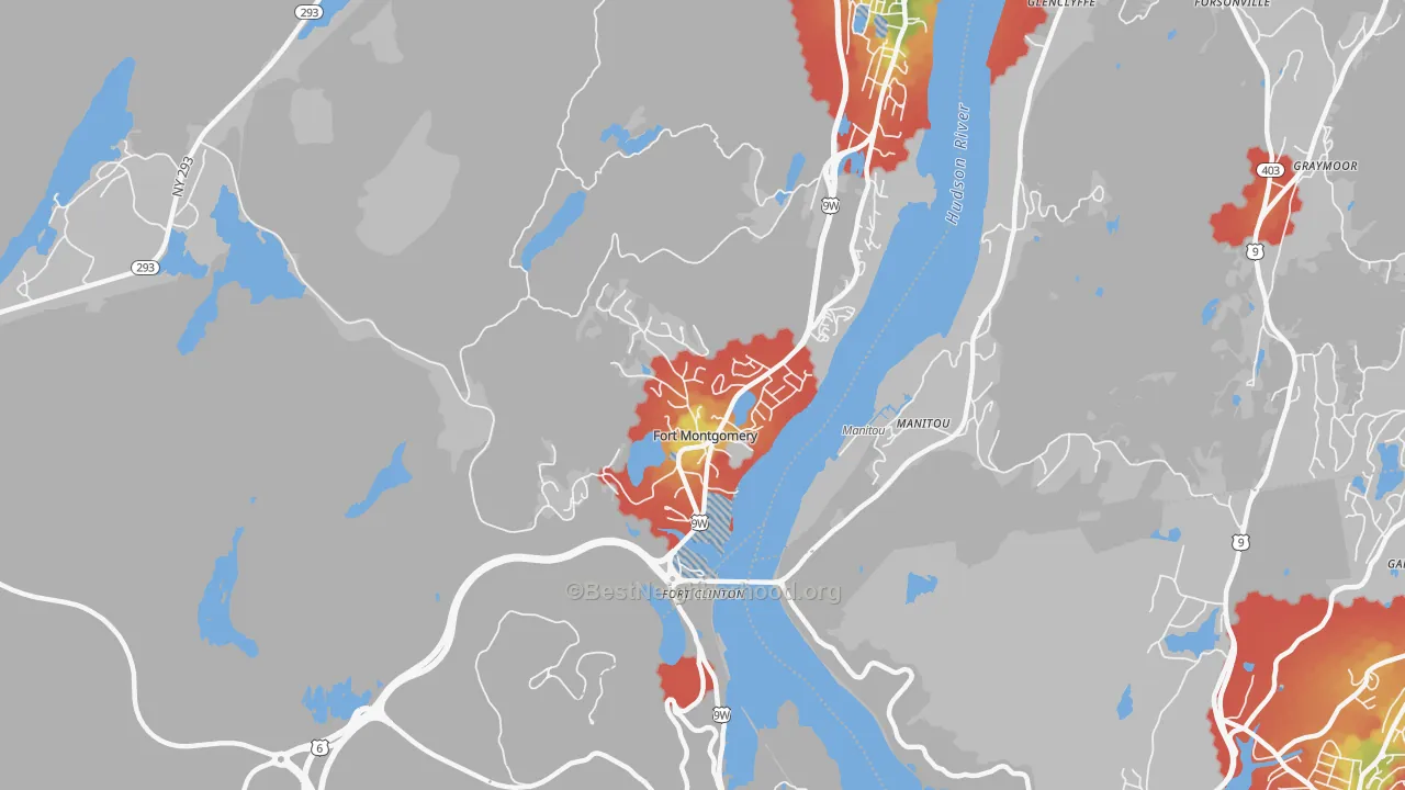 Walk Grade map of Fort Montgomery, NY, walkable areas in green and car-dependent areas in red