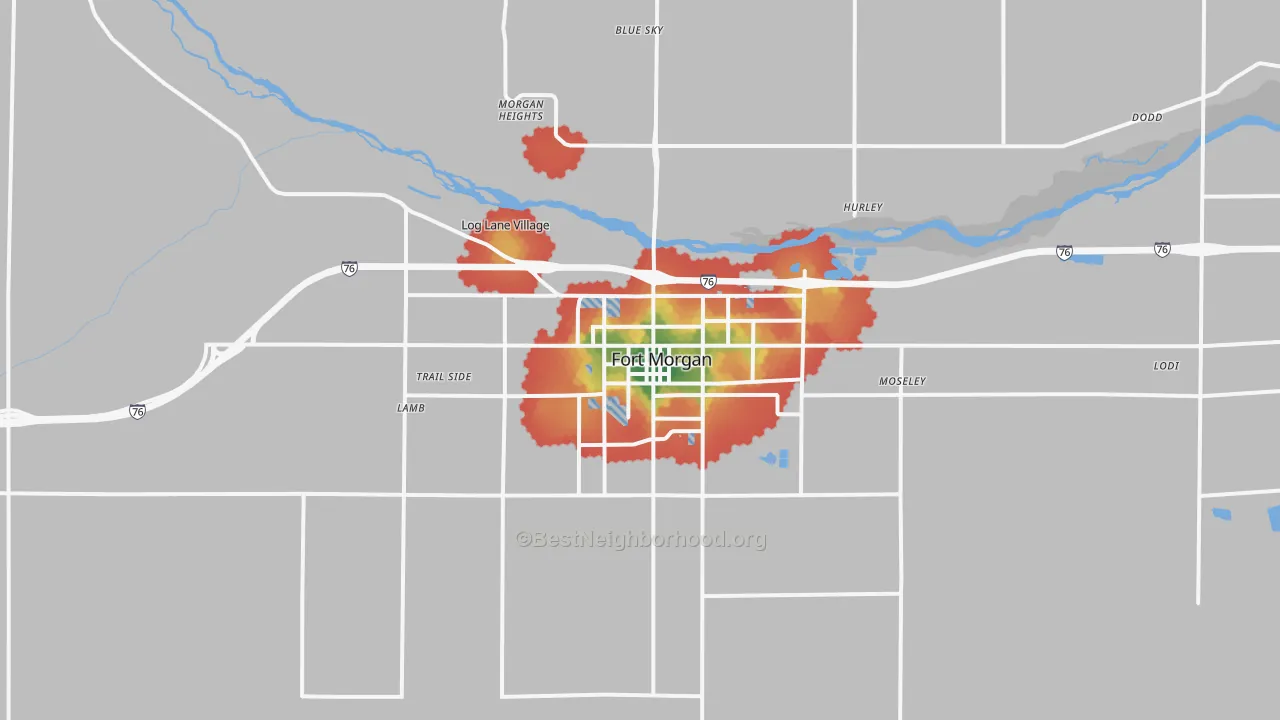 Walk Grade map of Fort Morgan, CO, walkable areas in green and car-dependent areas in red