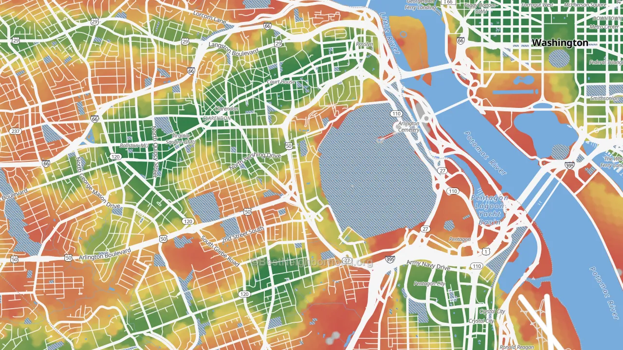 Walk Grade map of Fort Myer, VA, walkable areas in green and car-dependent areas in red