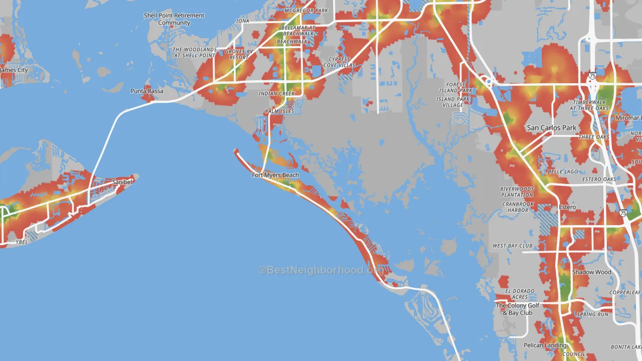 Walk Grade map of Fort Myers Beach, FL, walkable areas in green and car-dependent areas in red