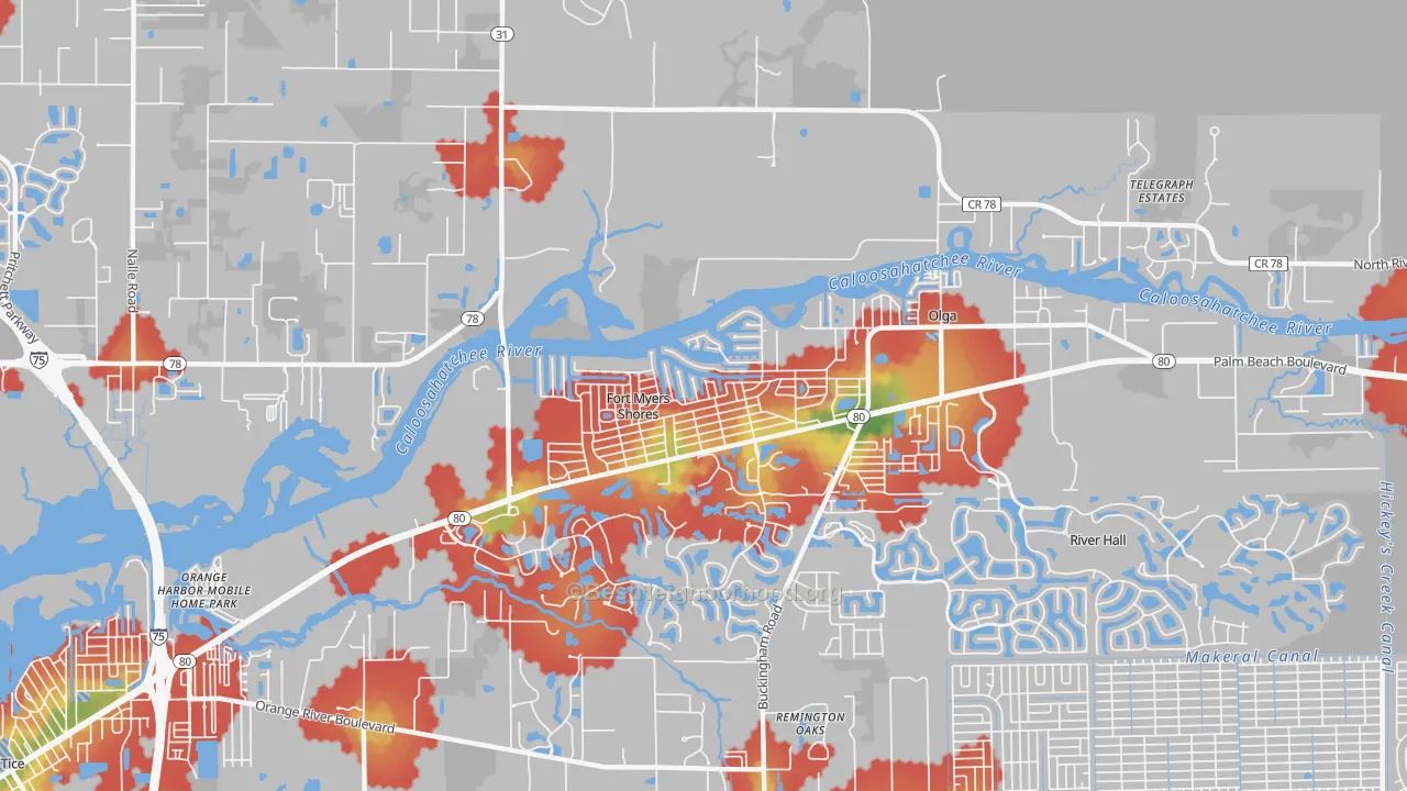 Walk Grade map of Fort Myers Shores, FL, walkable areas in green and car-dependent areas in red
