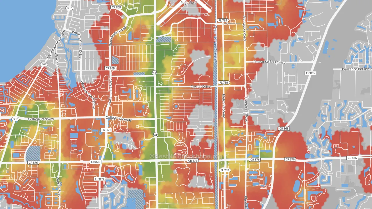 Walk Grade map of Fort Myers Villas, Villas, FL, walkable areas in green and car-dependent areas in red