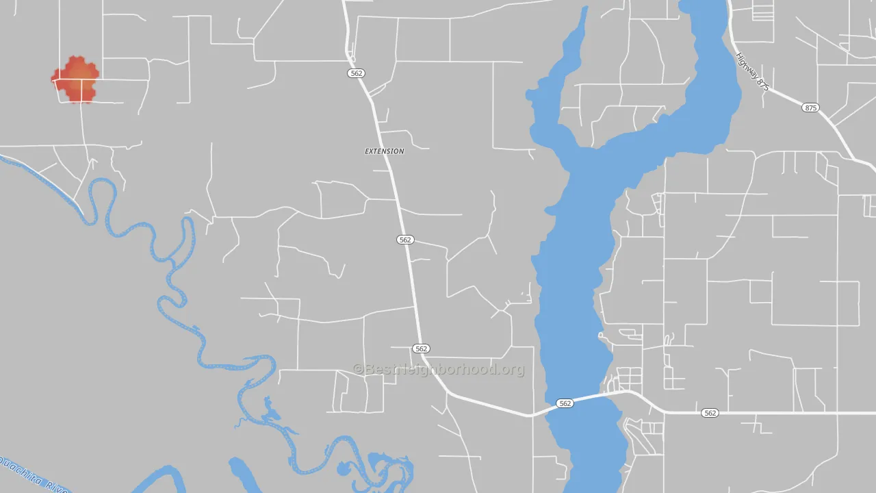 Walk Grade map of Fort Necessity, LA, walkable areas in green and car-dependent areas in red