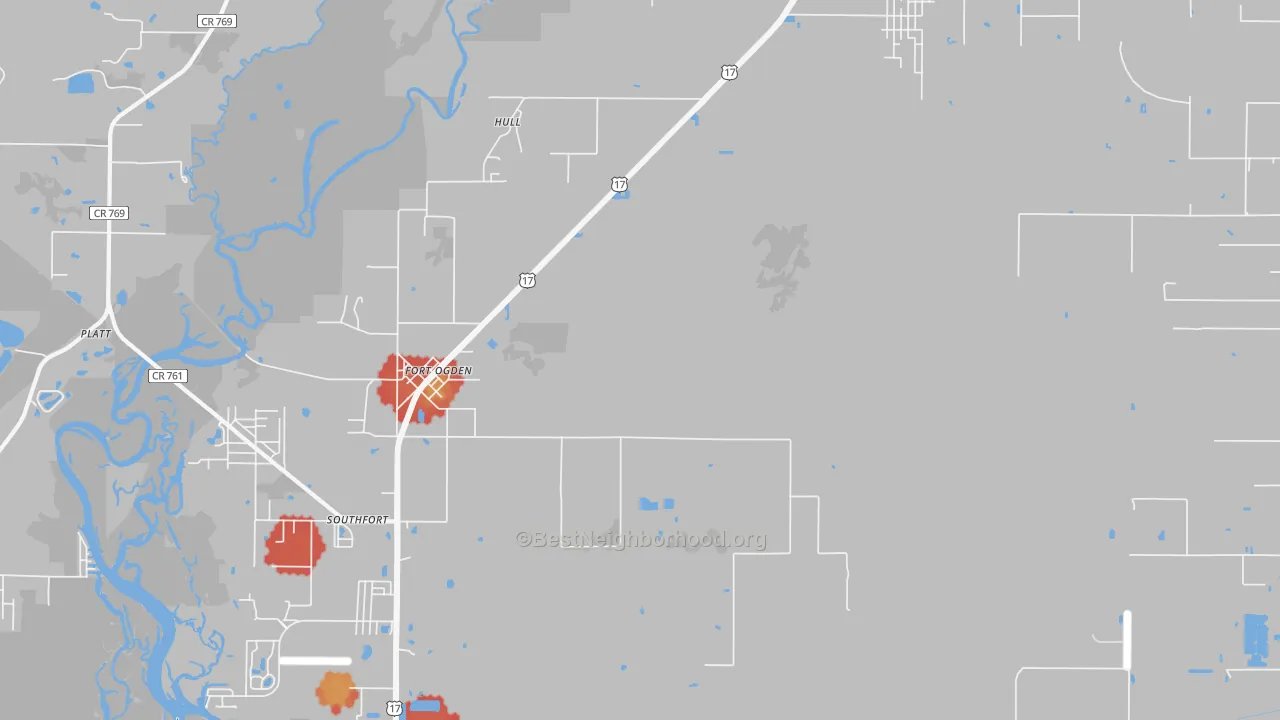 Walk Grade map of Fort Ogden, FL, walkable areas in green and car-dependent areas in red