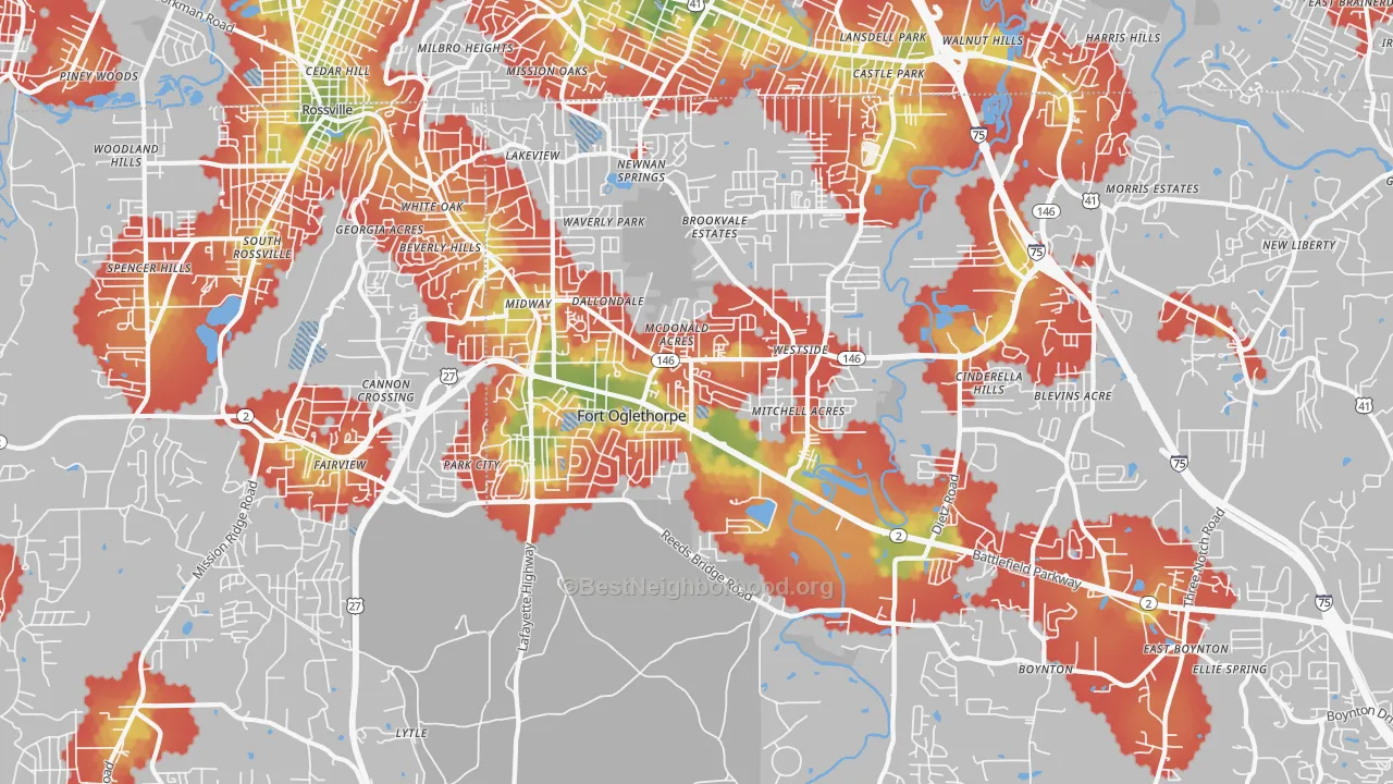 Walk Grade map of Fort Oglethorpe, GA, walkable areas in green and car-dependent areas in red