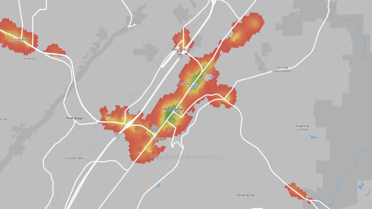 Walk Grade map of Fort Payne, AL, walkable areas in green and car-dependent areas in red