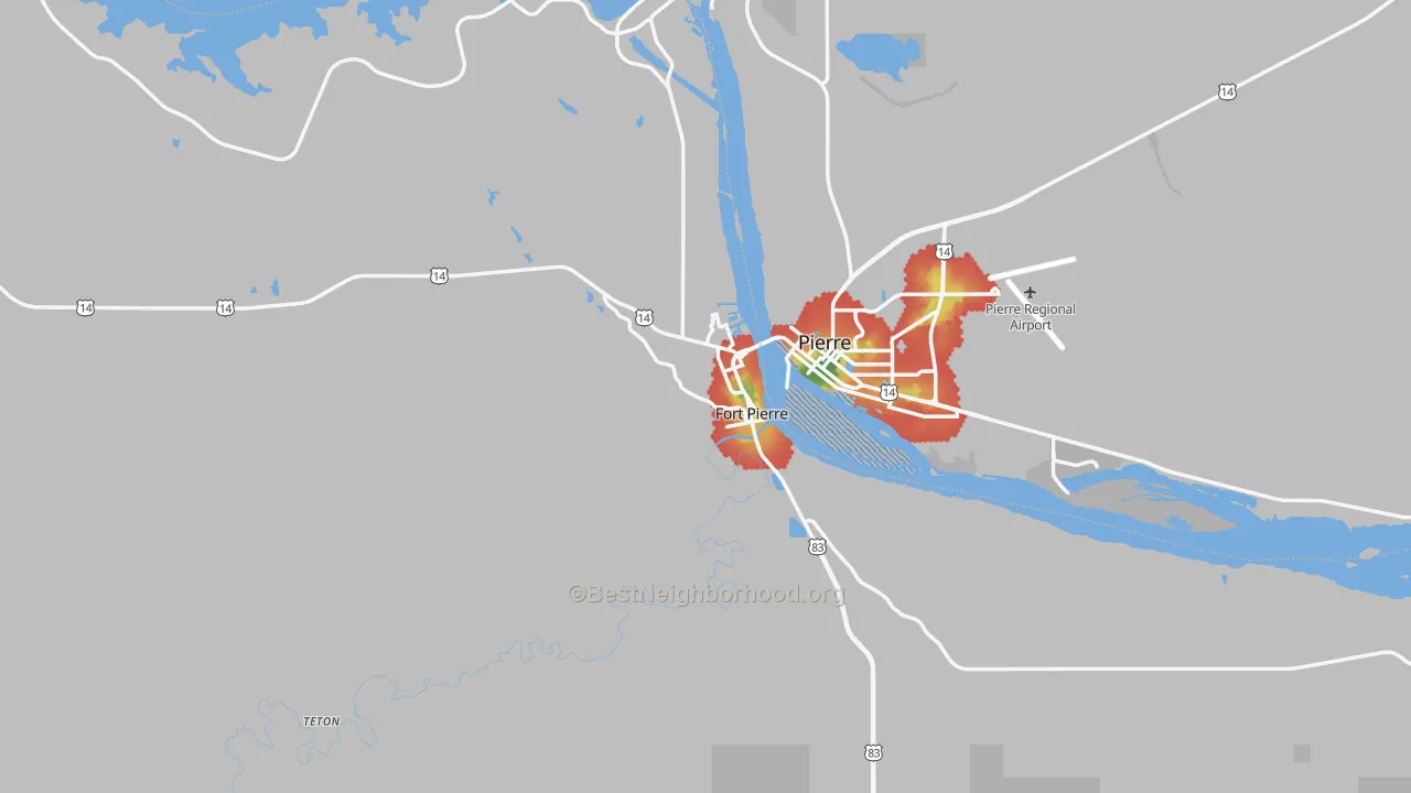 Walk Grade map of Fort Pierre, SD, walkable areas in green and car-dependent areas in red