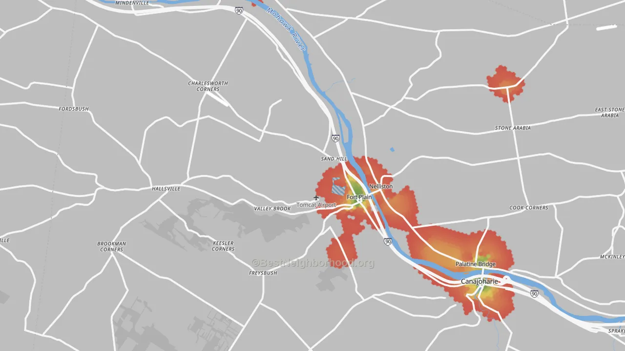 Walk Grade map of Fort Plain, NY, walkable areas in green and car-dependent areas in red