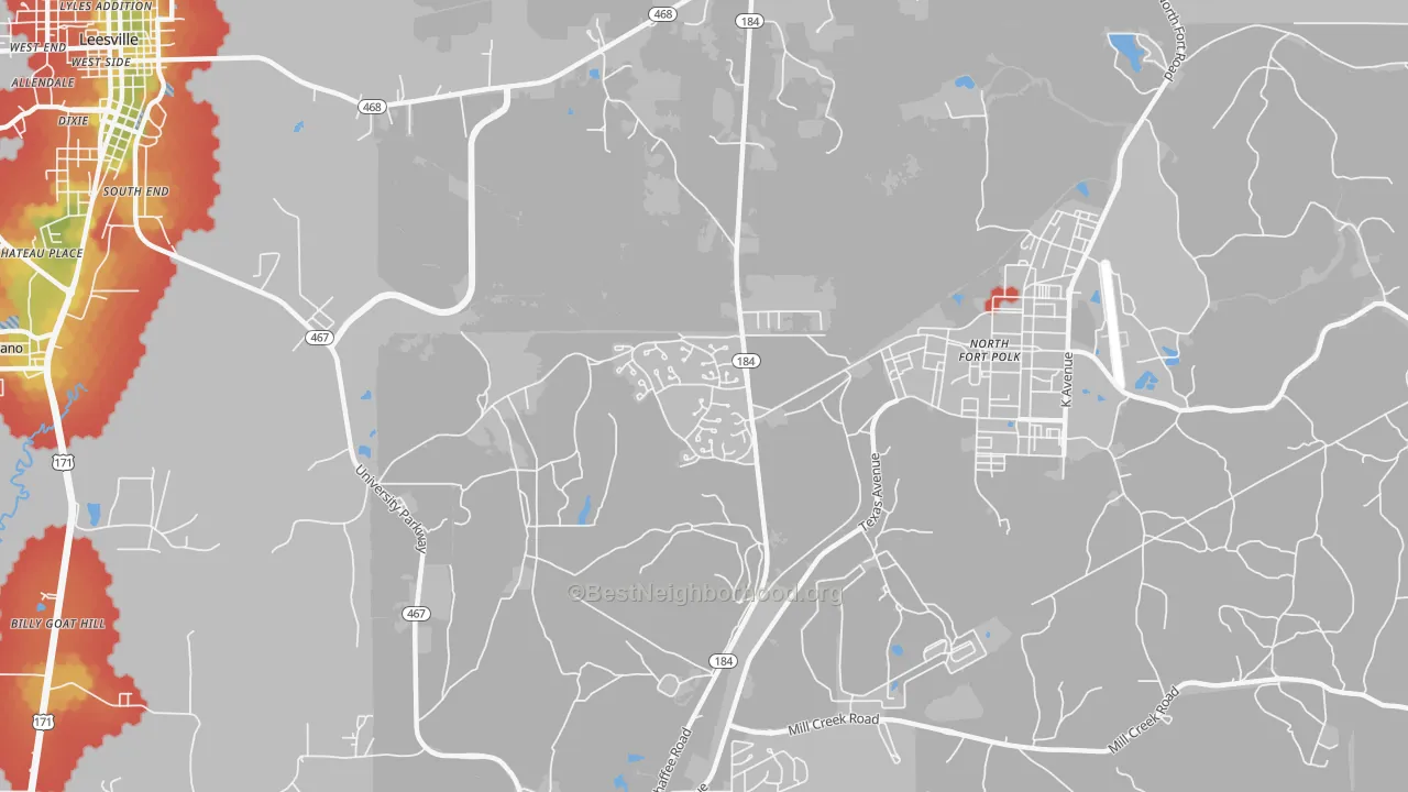 Walk Grade map of Fort Polk North, LA, walkable areas in green and car-dependent areas in red