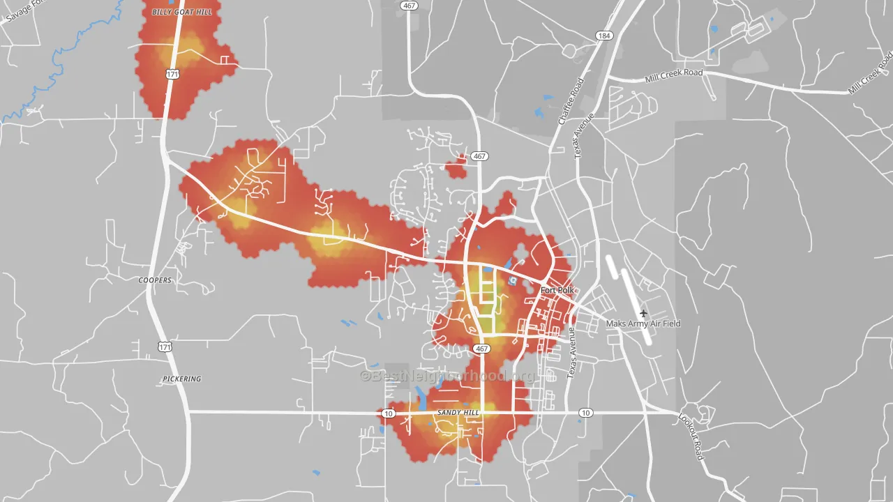 Walk Grade map of Fort Polk South, LA, walkable areas in green and car-dependent areas in red