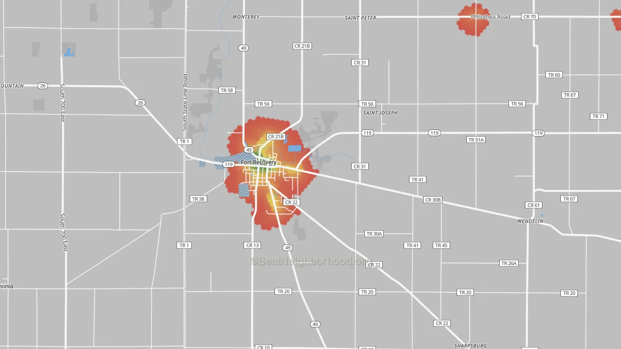 Walk Grade map of Fort Recovery, OH, walkable areas in green and car-dependent areas in red