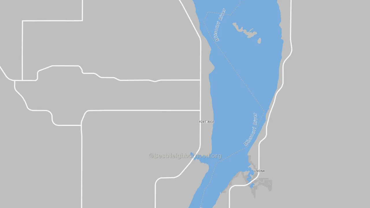 Walk Grade map of Fort Rice, ND, walkable areas in green and car-dependent areas in red