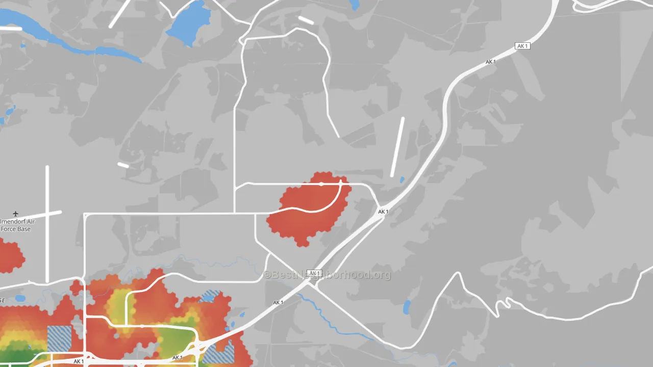 Walk Grade map of Fort Richardson, AK, walkable areas in green and car-dependent areas in red