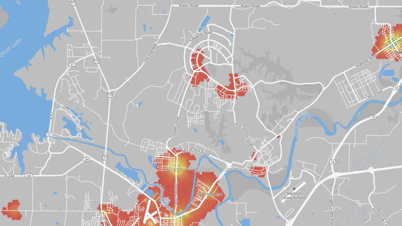 Walk Grade map of Fort Riley, KS, walkable areas in green and car-dependent areas in red