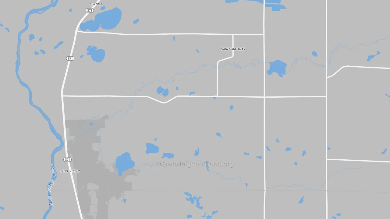 Walk Grade map of Fort Ripley, MN, walkable areas in green and car-dependent areas in red
