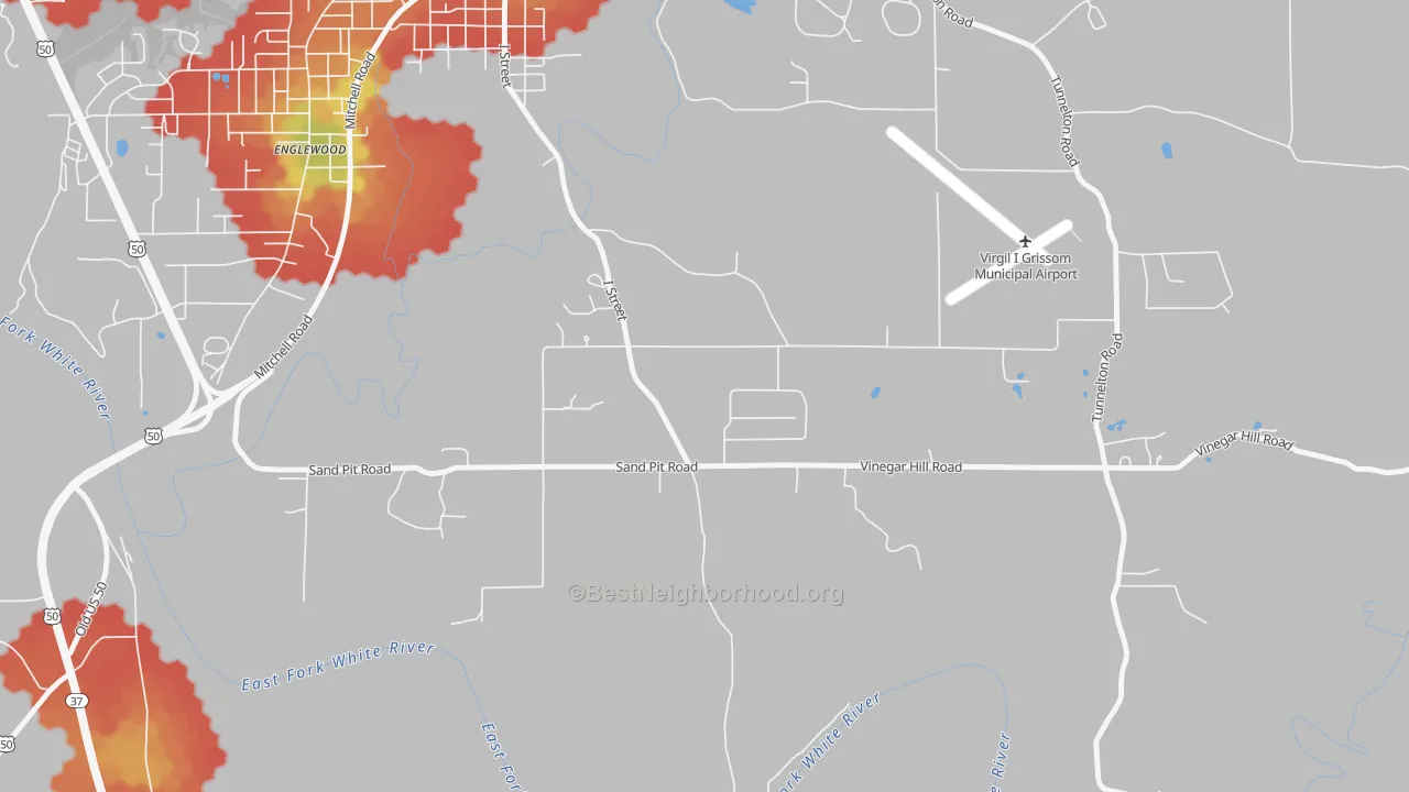 Walk Grade map of Fort Ritner, IN, walkable areas in green and car-dependent areas in red