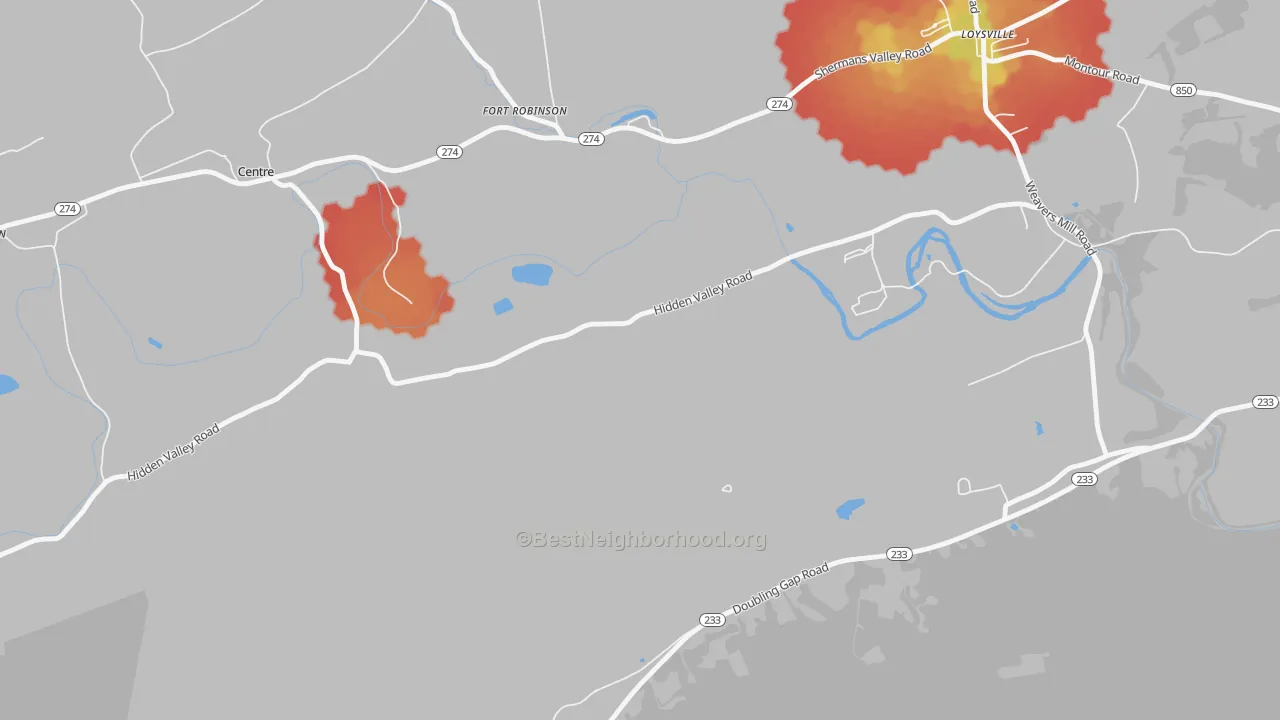 Walk Grade map of Fort Robertson, PA, walkable areas in green and car-dependent areas in red