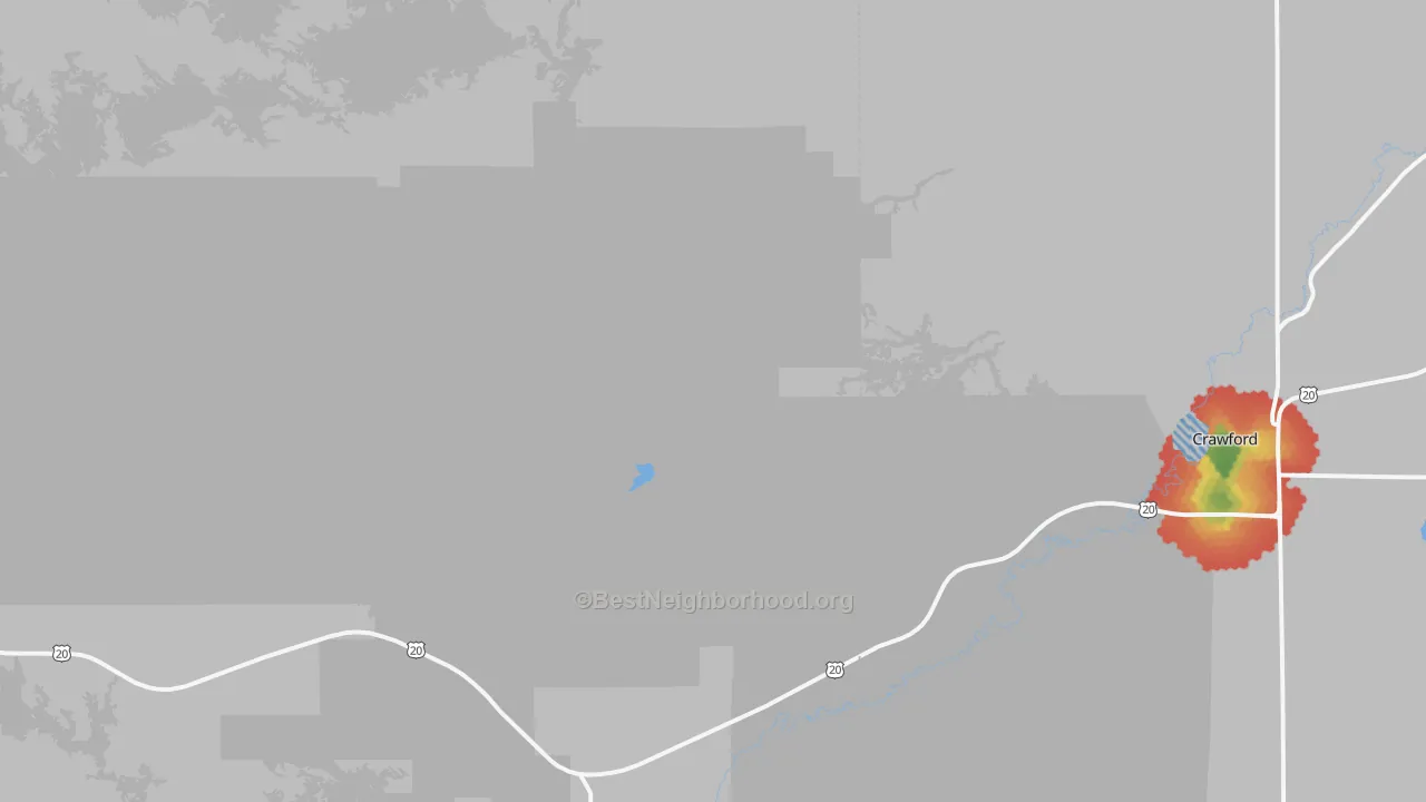 Walk Grade map of Fort Robinson, NE, walkable areas in green and car-dependent areas in red