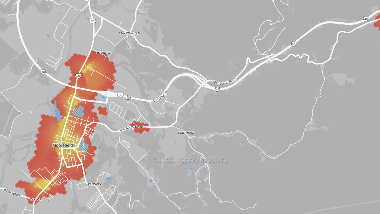 Walk Grade map of Fort Run, WV, walkable areas in green and car-dependent areas in red