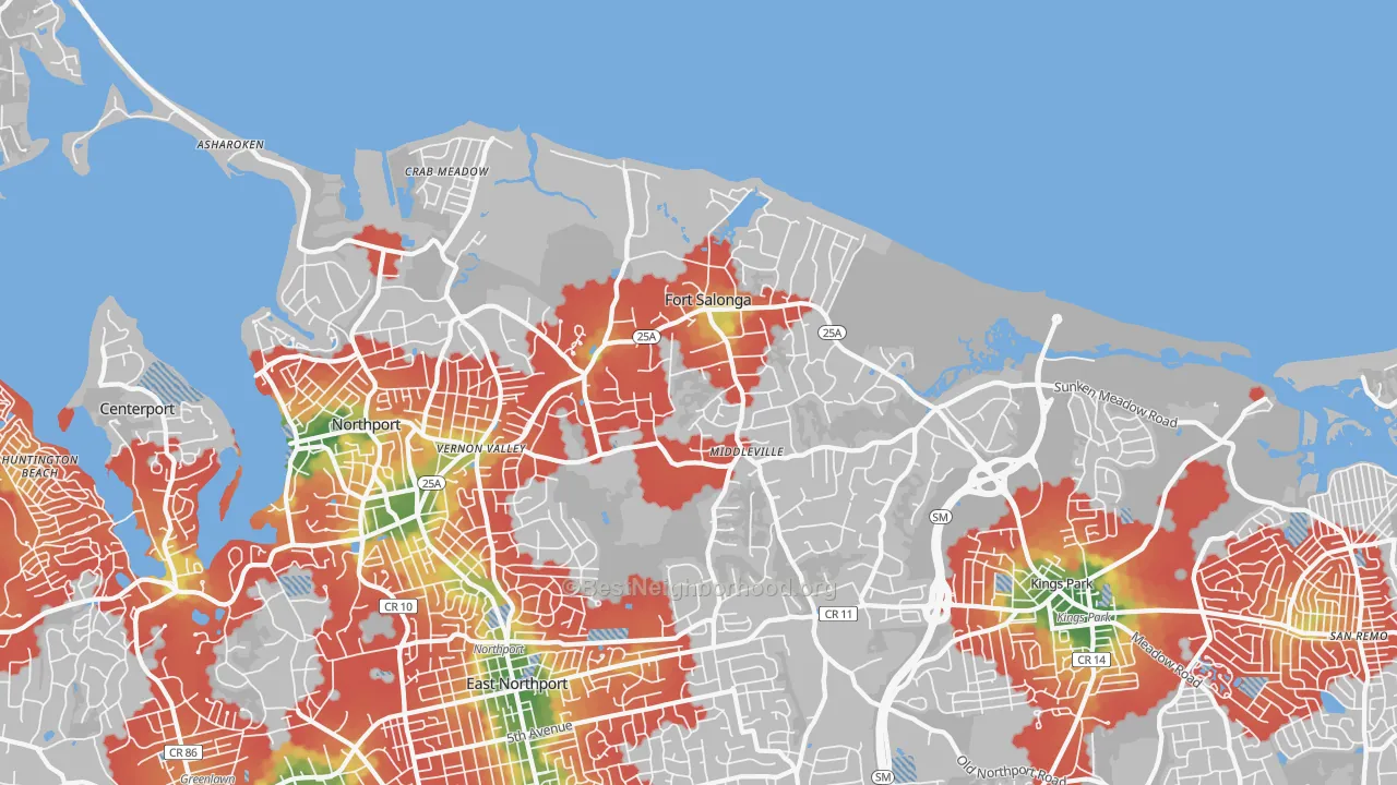 Walk Grade map of Fort Salonga, NY, walkable areas in green and car-dependent areas in red