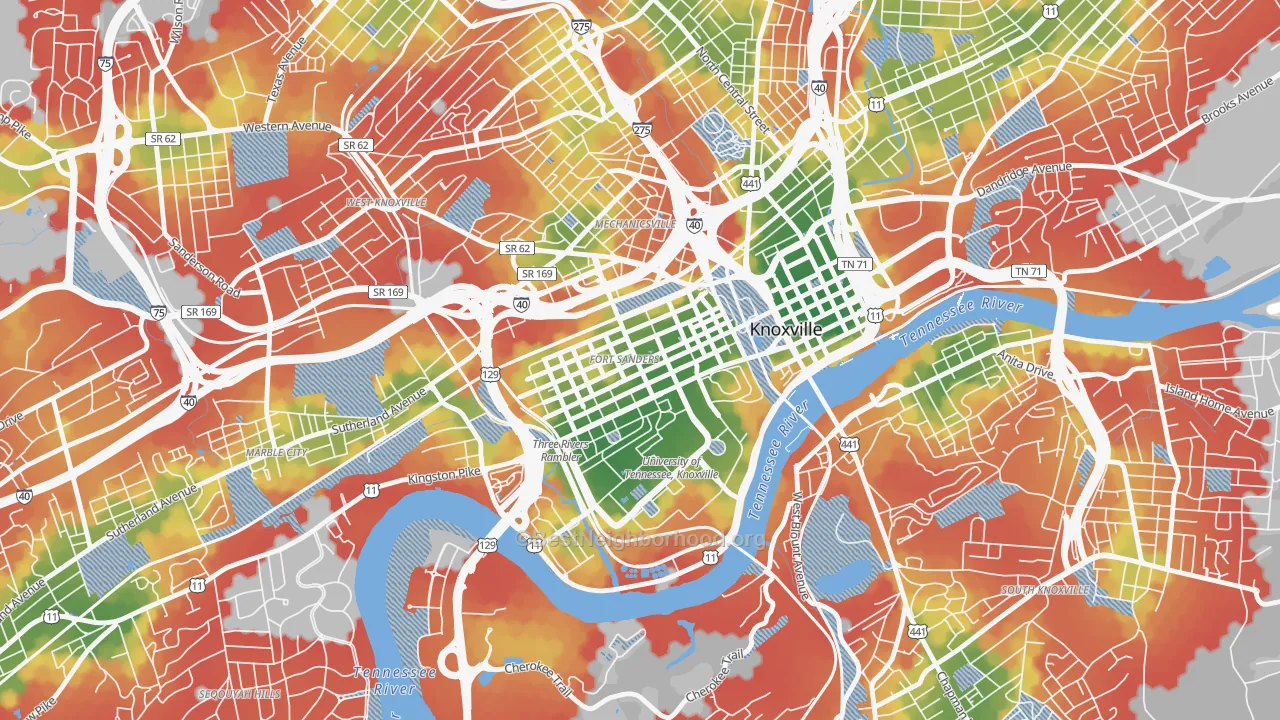 Walk Grade map of Fort Sanders, Knoxville, TN, walkable areas in green and car-dependent areas in red