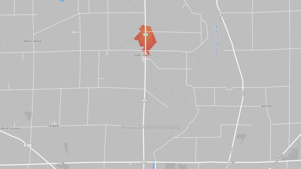 Walk Grade map of Fort Seneca, OH, walkable areas in green and car-dependent areas in red