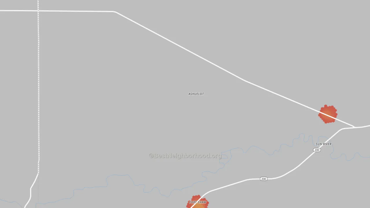 Walk Grade map of Fort Shaw, MT, walkable areas in green and car-dependent areas in red
