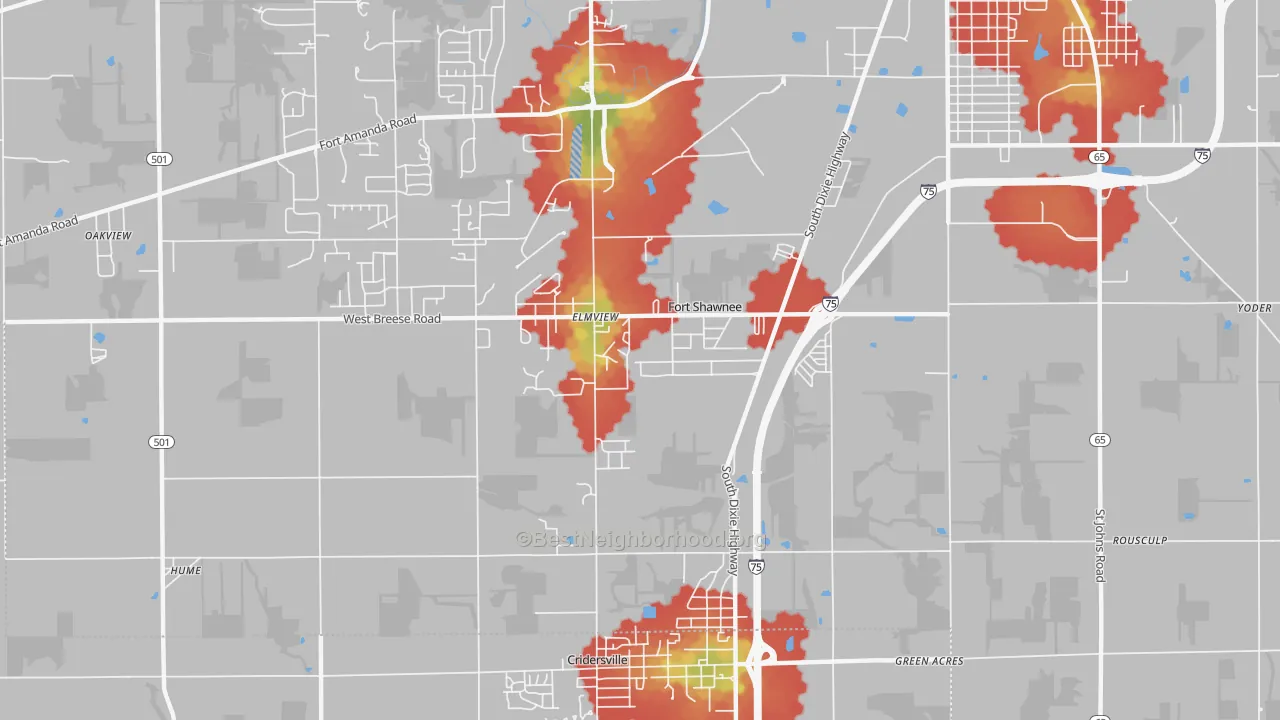 Walk Grade map of Fort Shawnee, OH, walkable areas in green and car-dependent areas in red