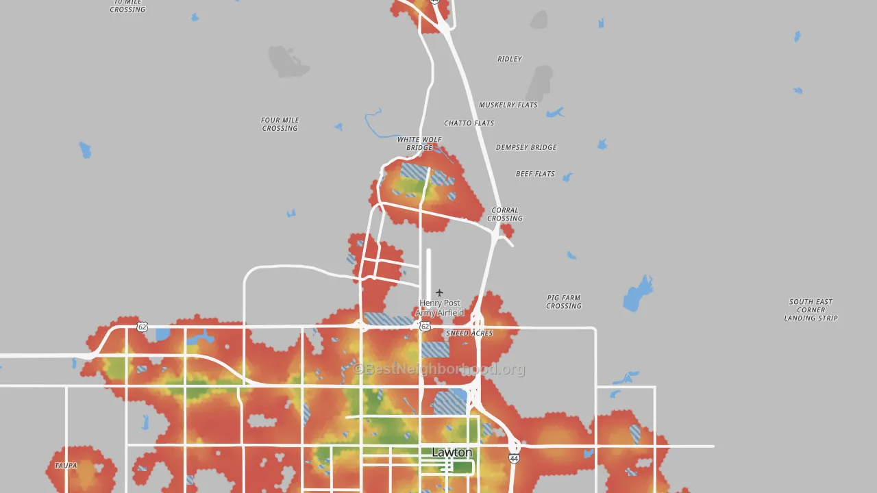 Walk Grade map of Fort Sill, OK, walkable areas in green and car-dependent areas in red