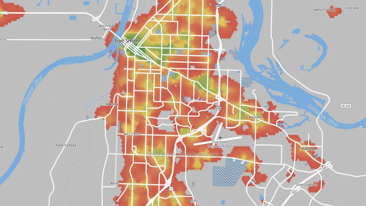 Walk Grade map of Fort Smith, AR, walkable areas in green and car-dependent areas in red