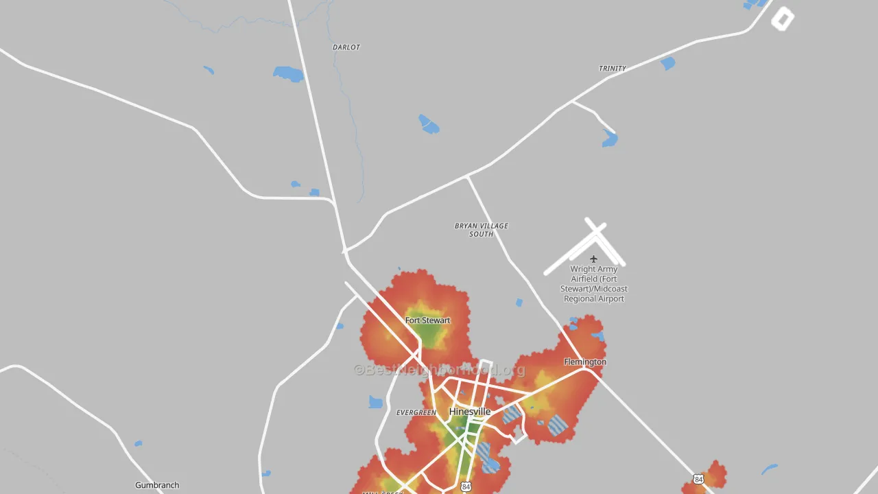 Walk Grade map of Fort Stewart, GA, walkable areas in green and car-dependent areas in red