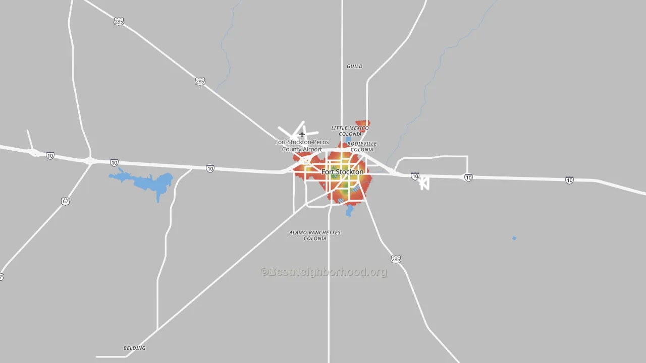 Walk Grade map of Fort Stockton, TX, walkable areas in green and car-dependent areas in red
