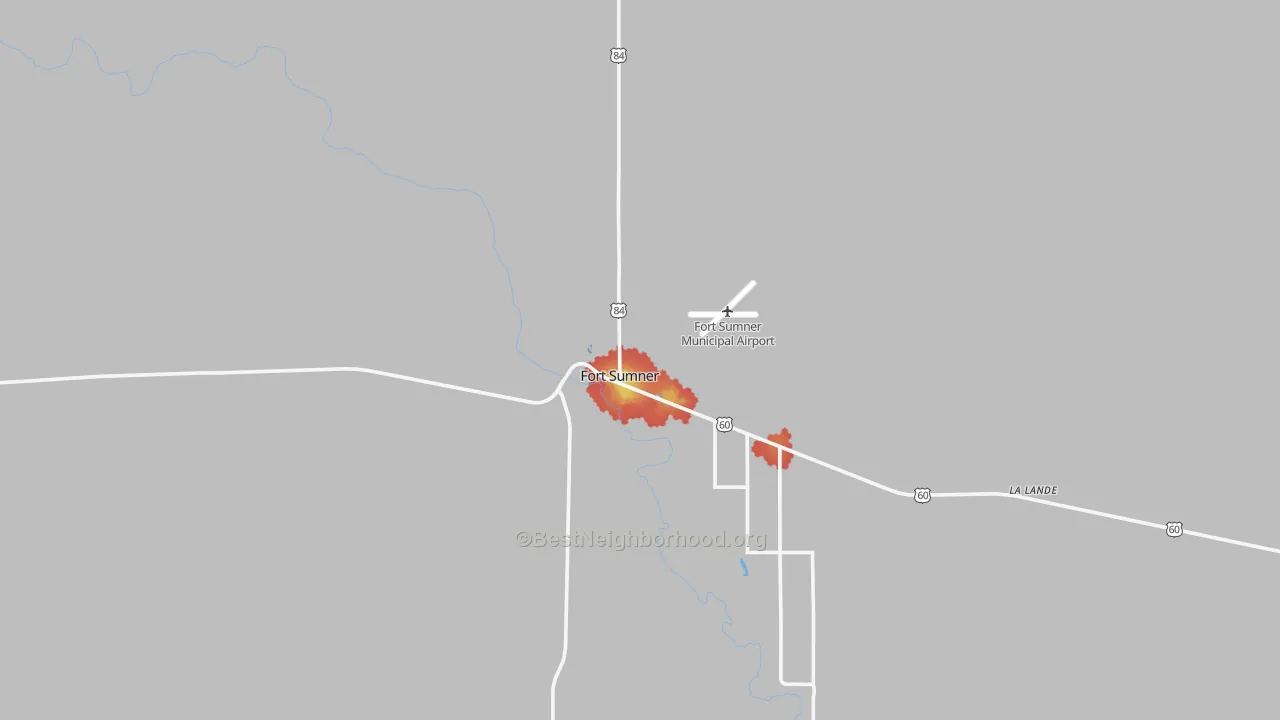 Walk Grade map of Fort Sumner, NM, walkable areas in green and car-dependent areas in red