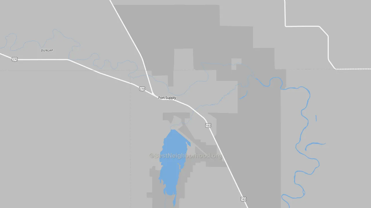 Walk Grade map of Fort Supply, OK, walkable areas in green and car-dependent areas in red