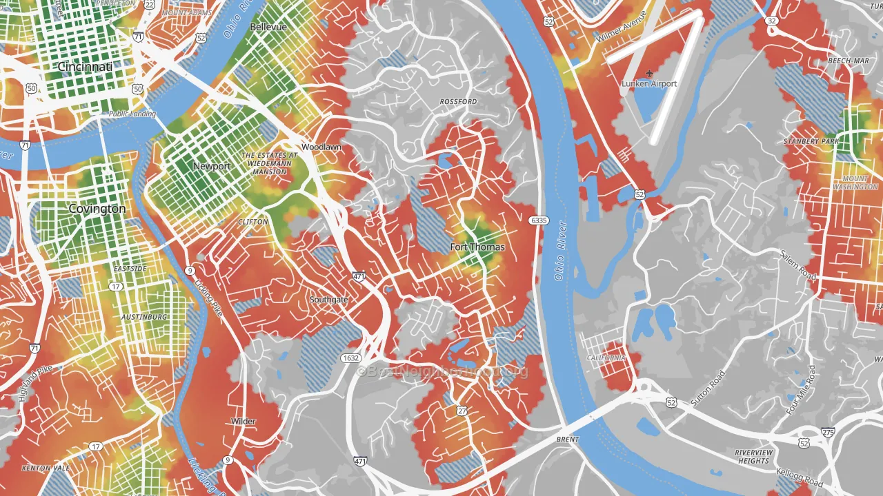Walk Grade map of Fort Thomas, KY, walkable areas in green and car-dependent areas in red