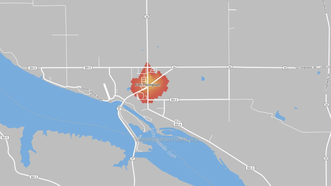 Walk Grade map of Fort Thompson, SD, walkable areas in green and car-dependent areas in red