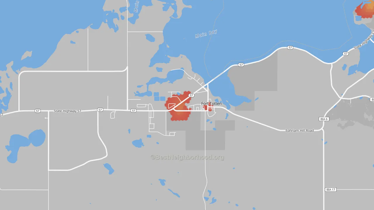 Walk Grade map of Fort Totten, ND, walkable areas in green and car-dependent areas in red