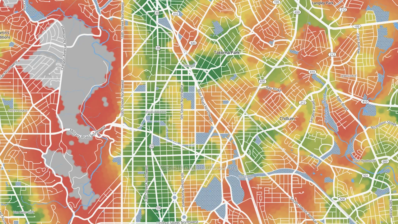 Walk Grade map of Fort Totten-Upper Northeast, Washington, DC, walkable areas in green and car-dependent areas in red