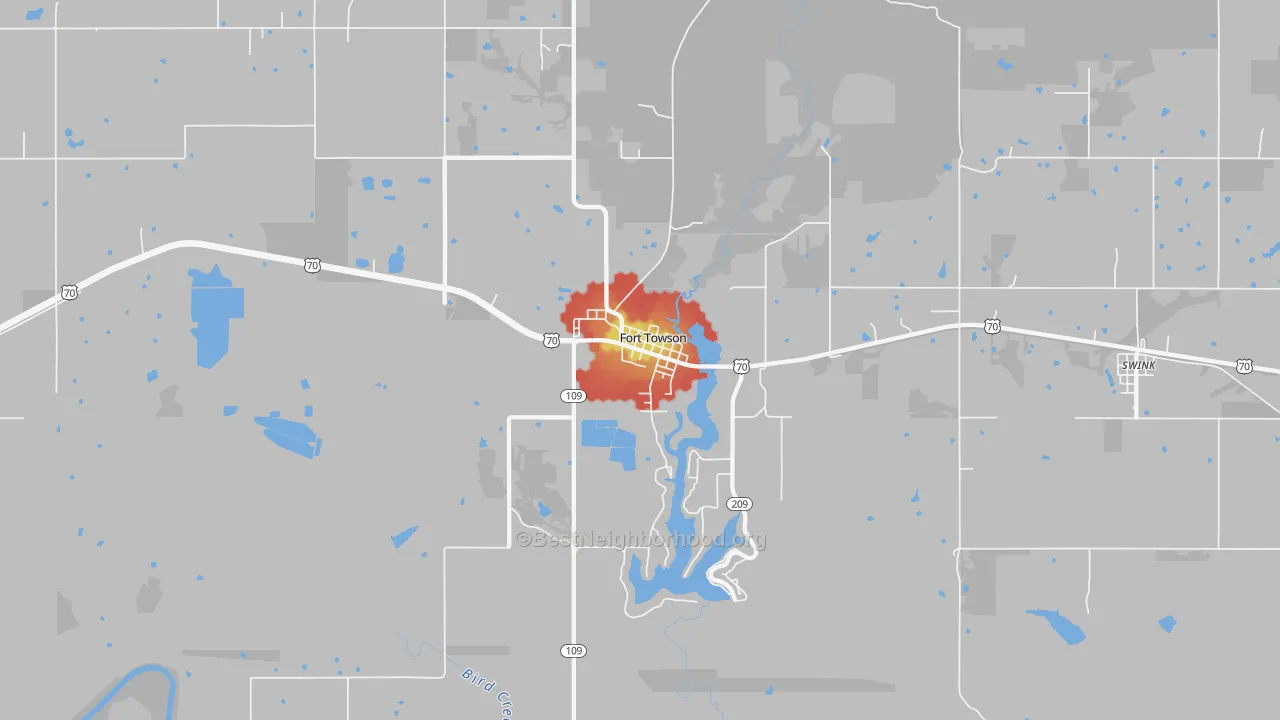 Walk Grade map of Fort Towson, OK, walkable areas in green and car-dependent areas in red