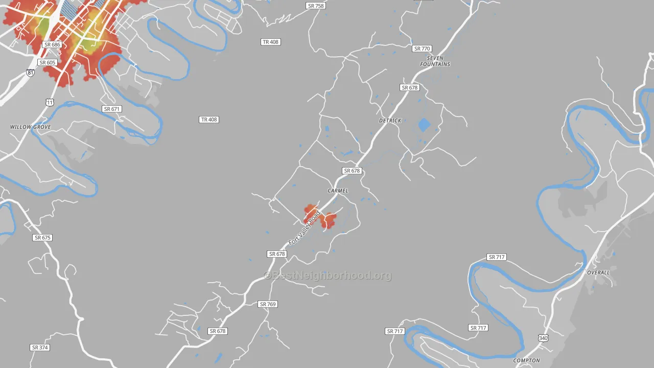 Walk Grade map of Fort Valley, VA, walkable areas in green and car-dependent areas in red