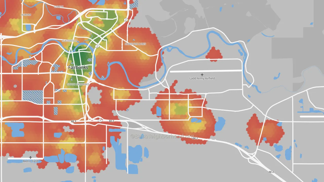 Walk Grade map of Fort Wainwright, AK, walkable areas in green and car-dependent areas in red