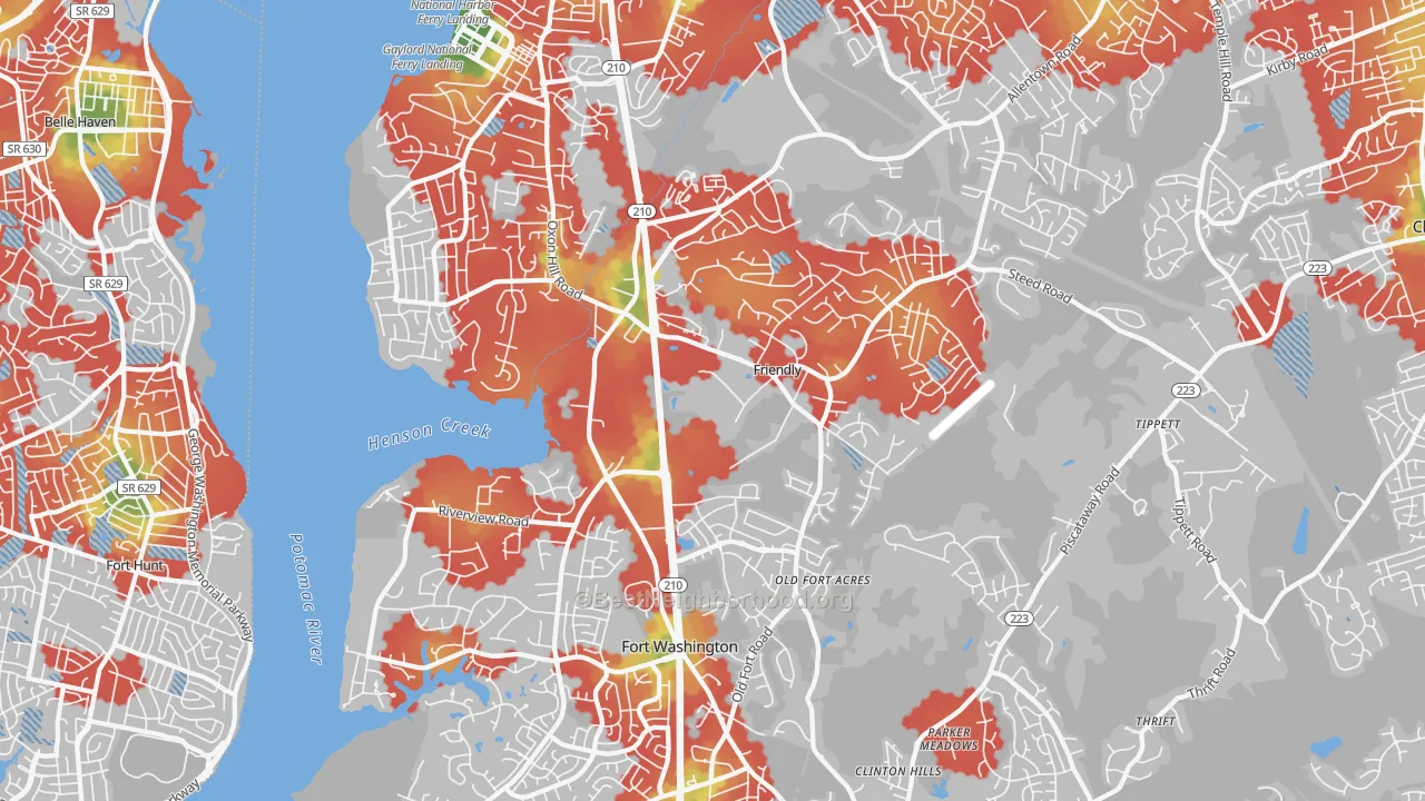 Walk Grade map of Fort Washington, MD, walkable areas in green and car-dependent areas in red