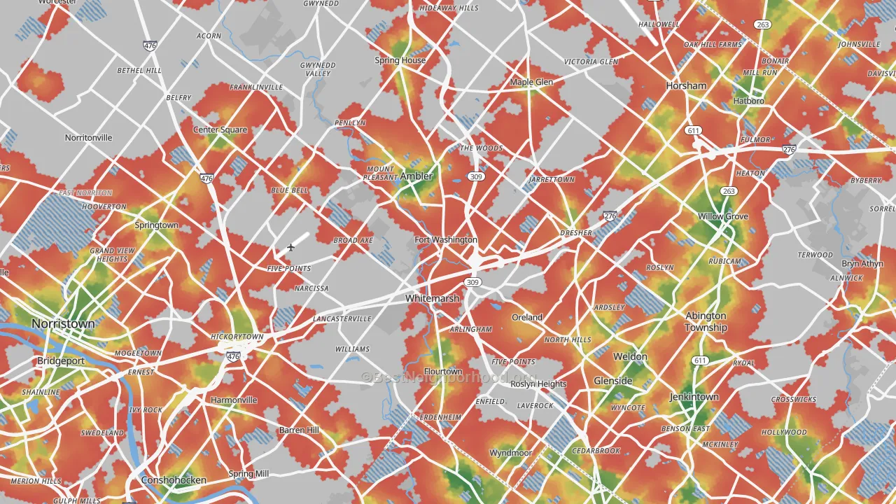 Walk Grade map of Fort Washington, PA, walkable areas in green and car-dependent areas in red