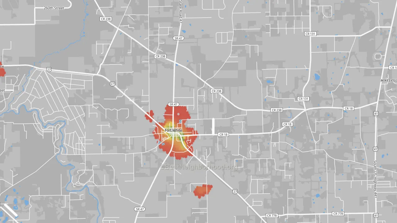 Walk Grade map of Fort White, FL, walkable areas in green and car-dependent areas in red