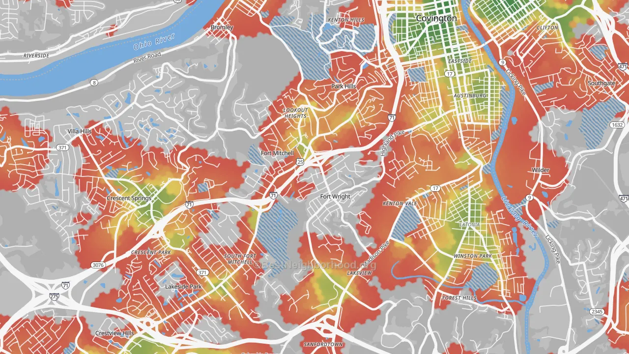 Walk Grade map of Fort Wright, KY, walkable areas in green and car-dependent areas in red