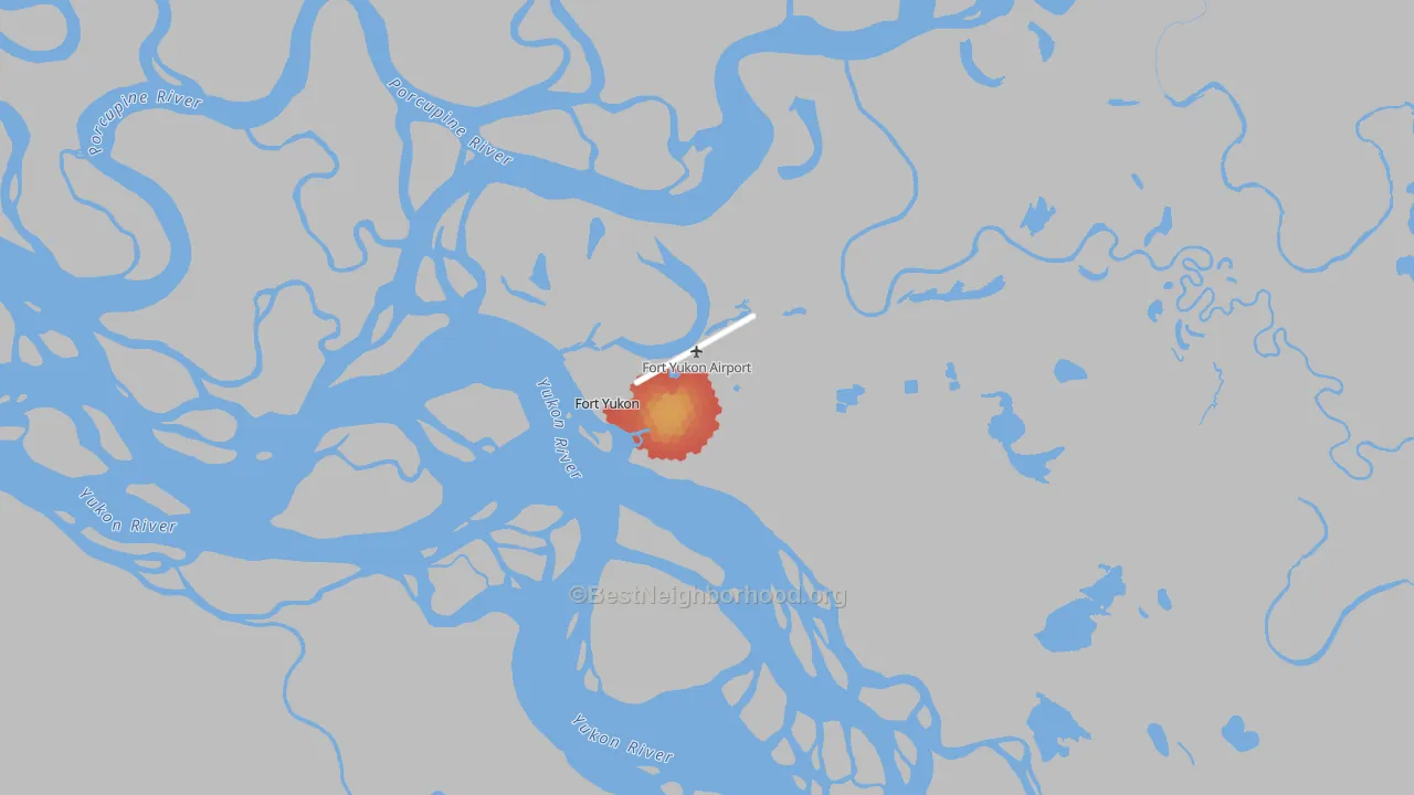 Walk Grade map of Fort Yukon, AK, walkable areas in green and car-dependent areas in red