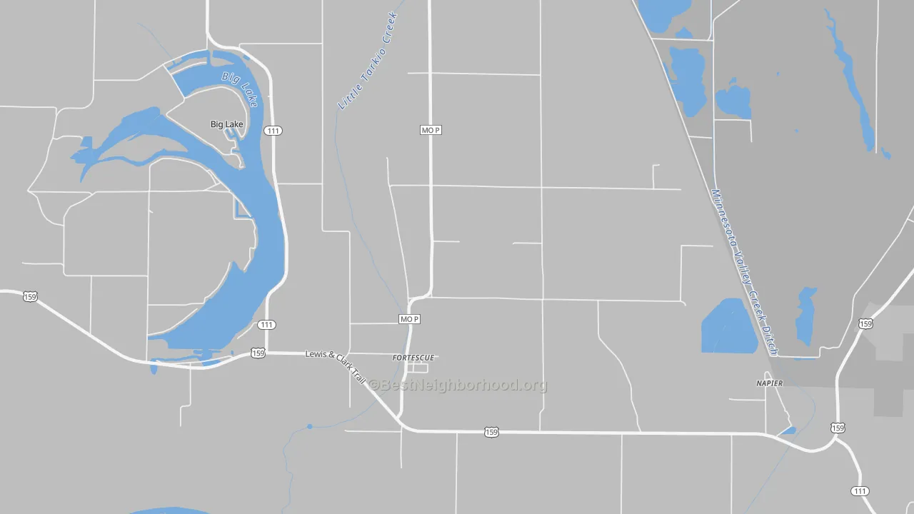 Walk Grade map of Fortescue, MO, walkable areas in green and car-dependent areas in red