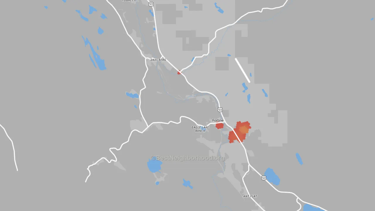 Walk Grade map of Fortine, MT, walkable areas in green and car-dependent areas in red