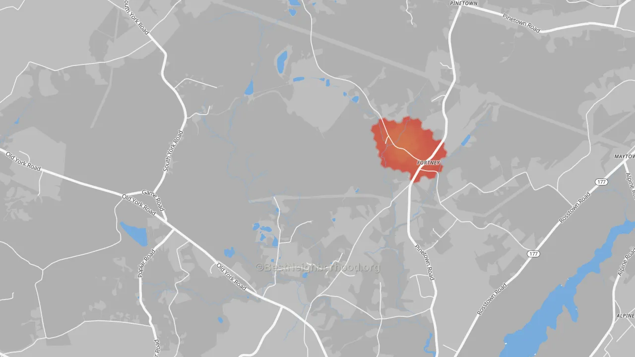 Walk Grade map of Fortney, PA, walkable areas in green and car-dependent areas in red
